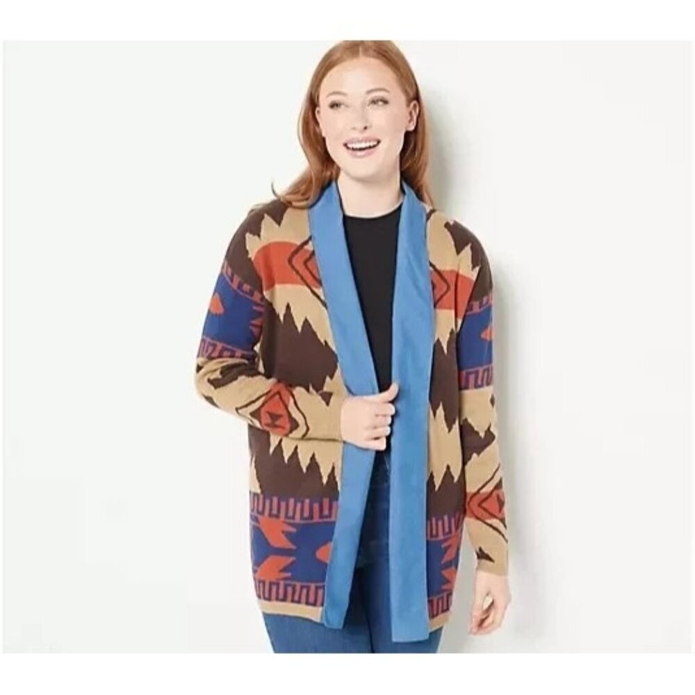 Attitude by Renee Southwest Cardigan with Denim Lapel Womens L Aztec Sienna NEW